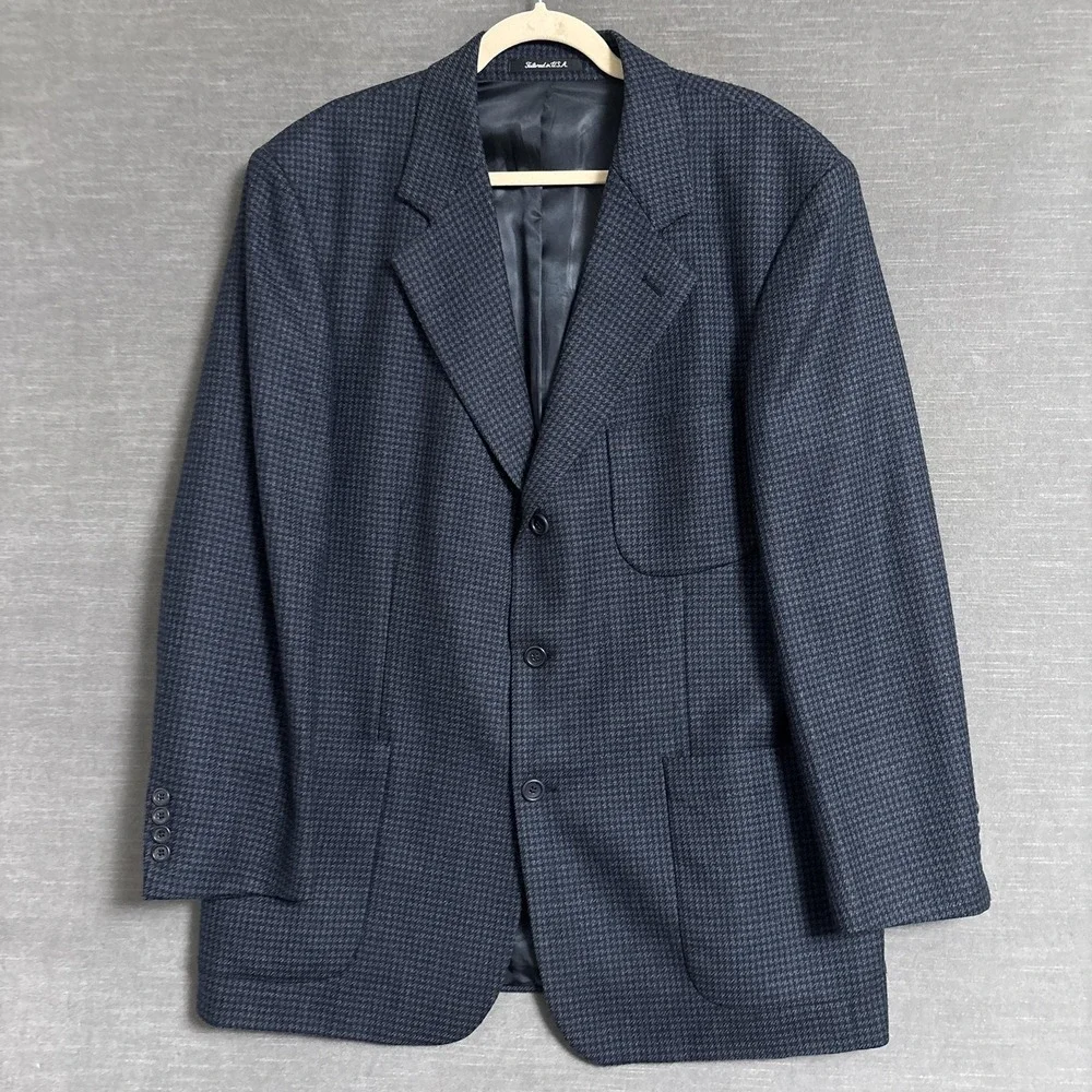 Geoffrey Beene Sport Coat 46R Blue Check Tweed Blazer Jacket USA Signature
